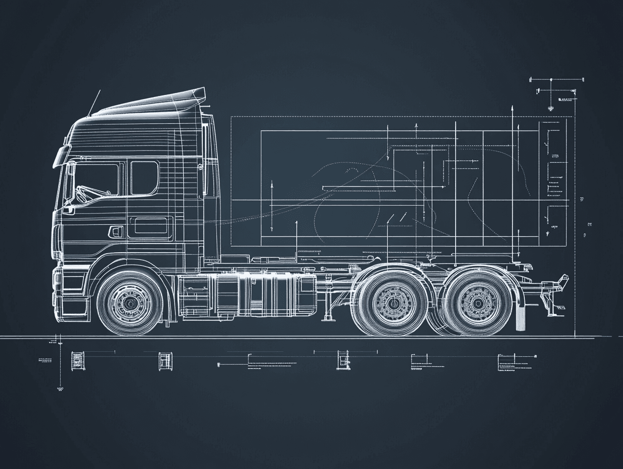 Rysunek techniczny samochodu ciężarowego na niebieskim tle